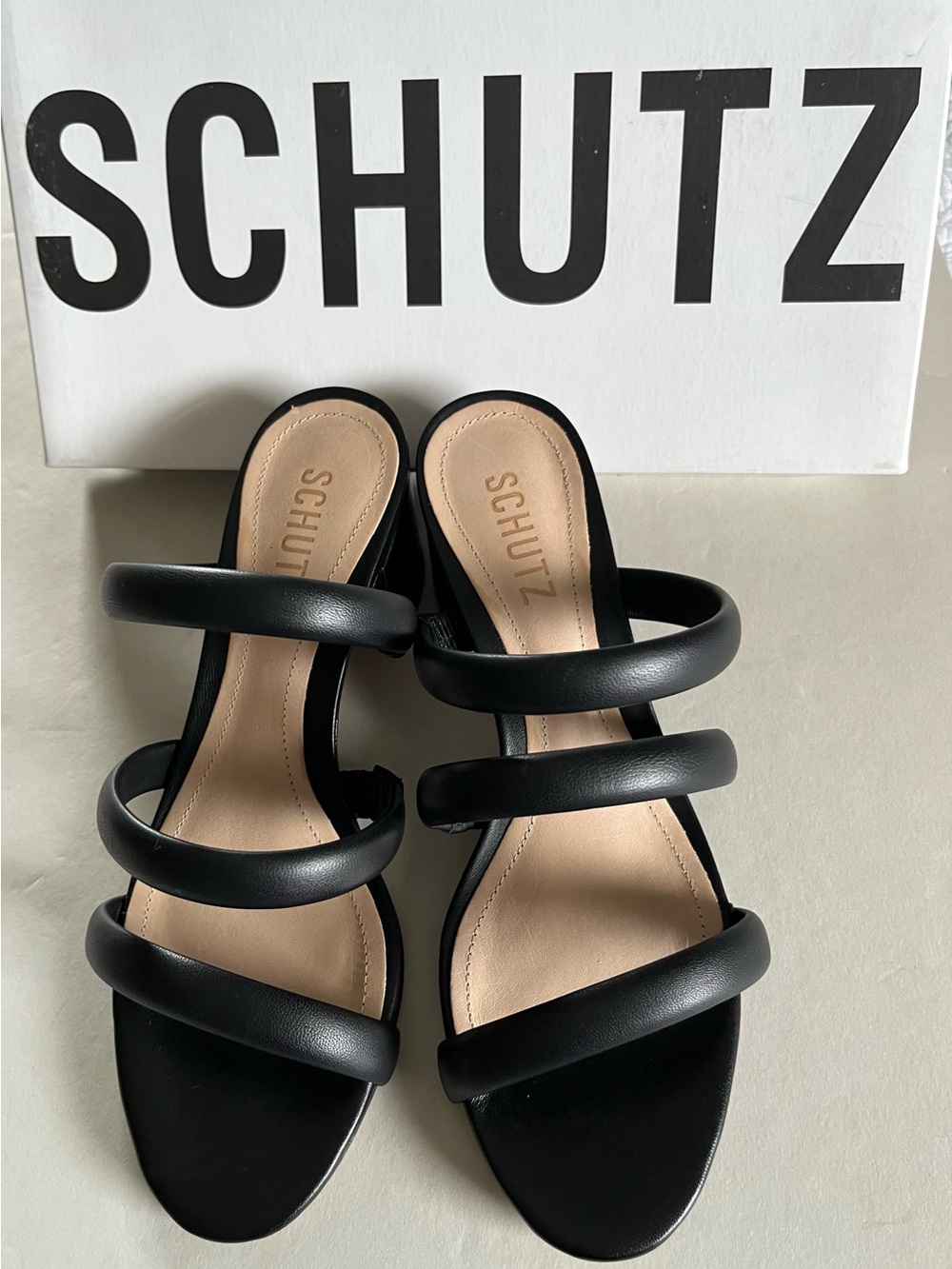 SCHUTZ Black Triple Strap Slide Heels